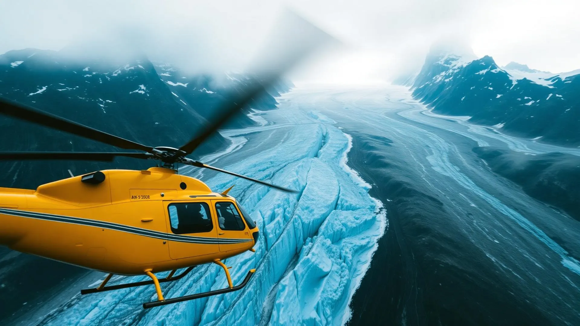 Yellow helicopter over Alaskan glacier in Seward, Alaska
